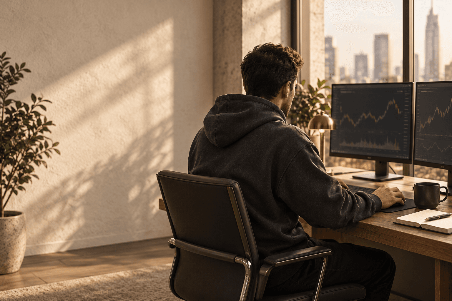 A quiet morning at a wood desk, with a trader in a charcoal hoodie looking over chart monitors.