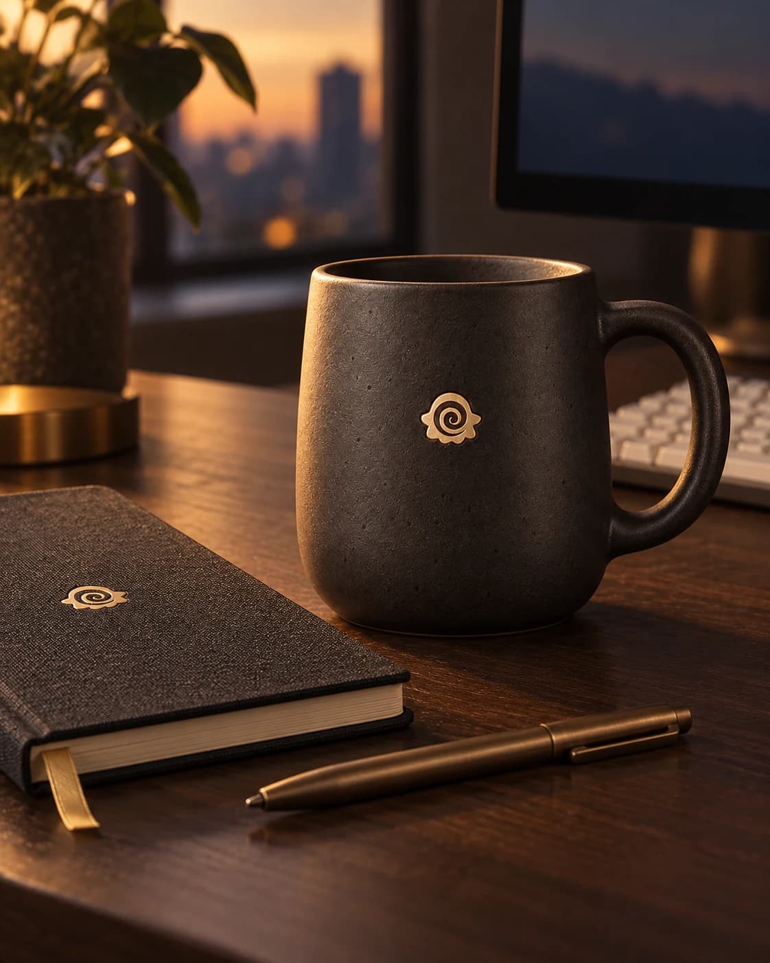 Night Session Mug — generated desk concept beside a journal and pen; props are not included