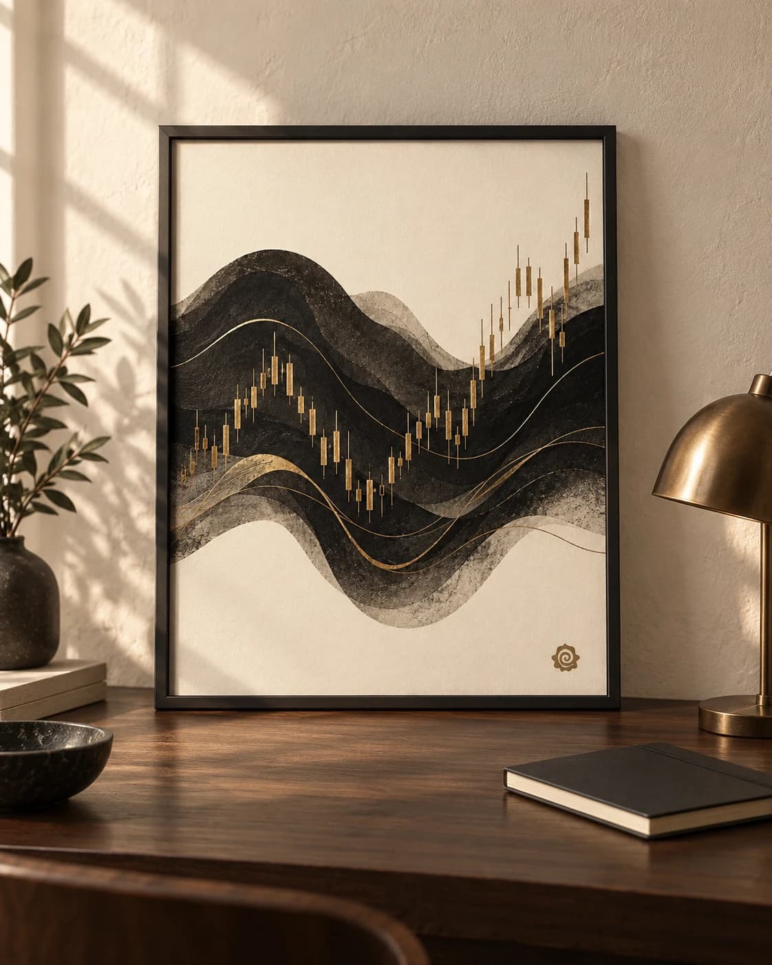 Signal Study / 01 — generated display concept on a desk; frame and accessories are not included
